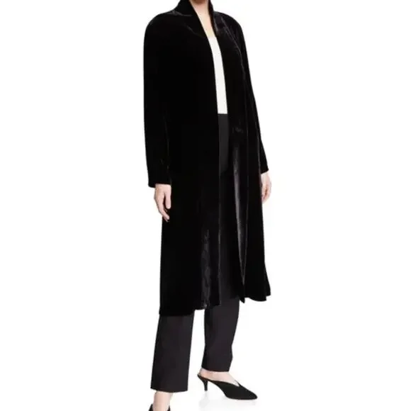 EILEEN FISHER Long Black Velvet Kimono Silk Blend Open Front Pockets Xlarge - Picture 3 of 5